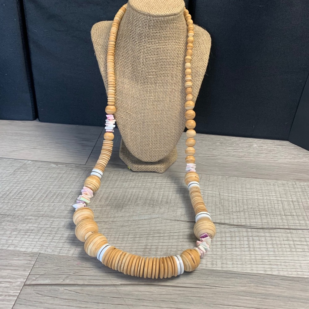 Boho Natural Wood Bead and Puka Shell Long Strand Necklace 36 Inch Tan White